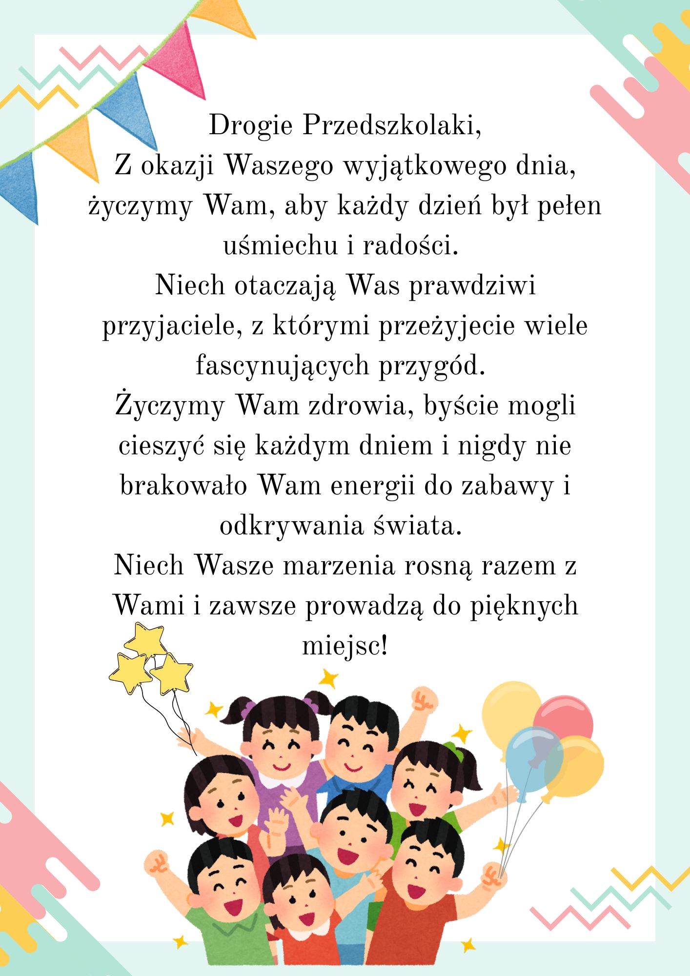 grafika przedstawia dzieci z balonami oraz życzenia z okazji Dnia Przedszkolaka