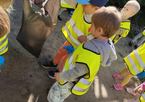 Dzieci z grupy 9 sprzątają śmieci poza terenem przedszkola.