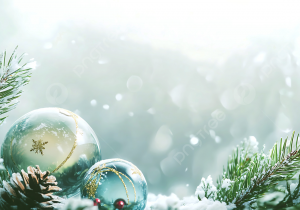 Bożonarodzeniowa ilustracja przedstawiająca gałązki świerku oraz srebrne bombki na szaro-niebieskim tle