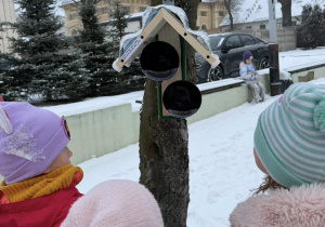 Zdjęcie przedstawia dzieci oglądające karmnik dla ptaków zawieszony na drzewie.