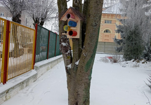 Zdjęcie przedstawia eko - karminik dla ptaków zawieszony na drzewie w przedszkolnym ogrodzie.