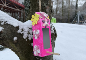 Zdjęcie przedstawia eko - karminik dla ptaków zawieszony na drzewie w przedszkolnym ogrodzie.