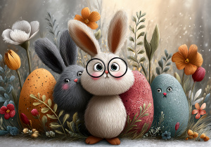 Ilustracja przedstawiająca zajączki wielkanocne z pisankami