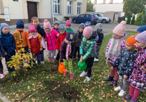 Dzieci z grupy 6 podlewają drzewo.