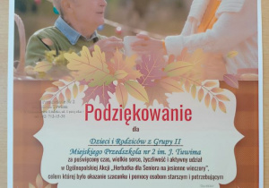Podziękowanie za udział w ogólnopolskiej akcji ,,Herbatka dla seniora na jesienne wieczory".