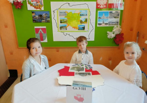 Dzieci z grupy 8 ułożyły w odpowiednich miejscach na mapie Polski ilustracje gór, morza i naszego miasta.